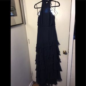 High neck low back tiered lace and silk maxi